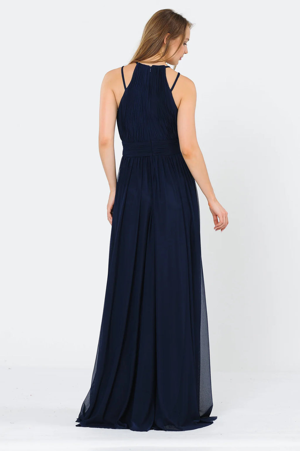 Dark Navy Chiffon A-Line Floor-Length Halter Bridesmaid Dress with Pleated Bodice