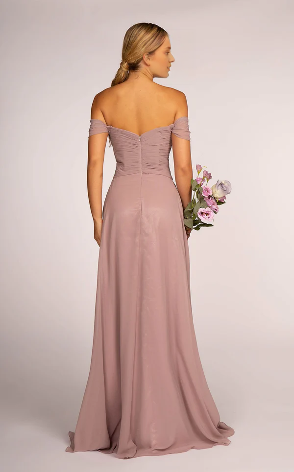 Dusty Rose Chiffon Off-the-Shoulder A-Line Floor-Length Bridesmaid Dress