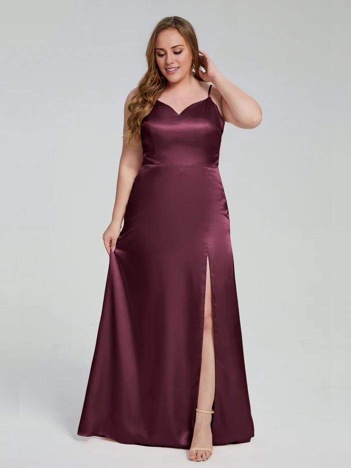 Champagne Satin A-Line Floor-Length Bridesmaid Dress with Sweetheart Neckline and High Slit