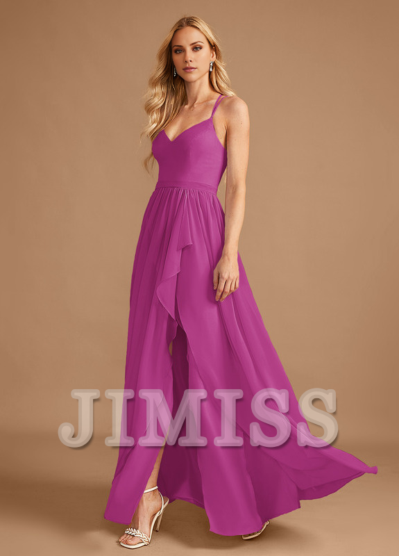 Vestido de dama de honor de gasa con volantes asimétricos y escote en V en forma de A