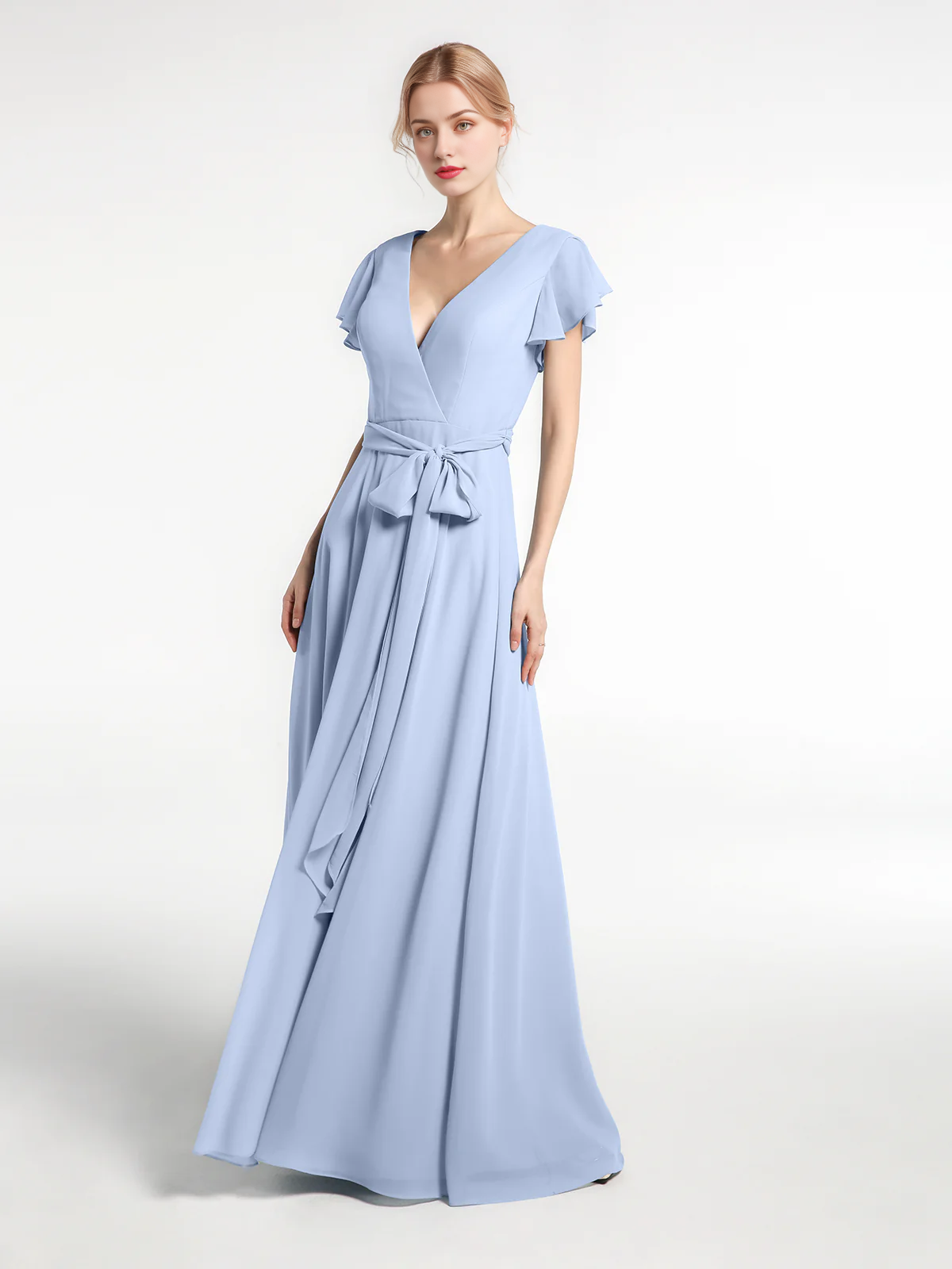 Vestido de gasa con cuello en V, capucha, mangas y lazo