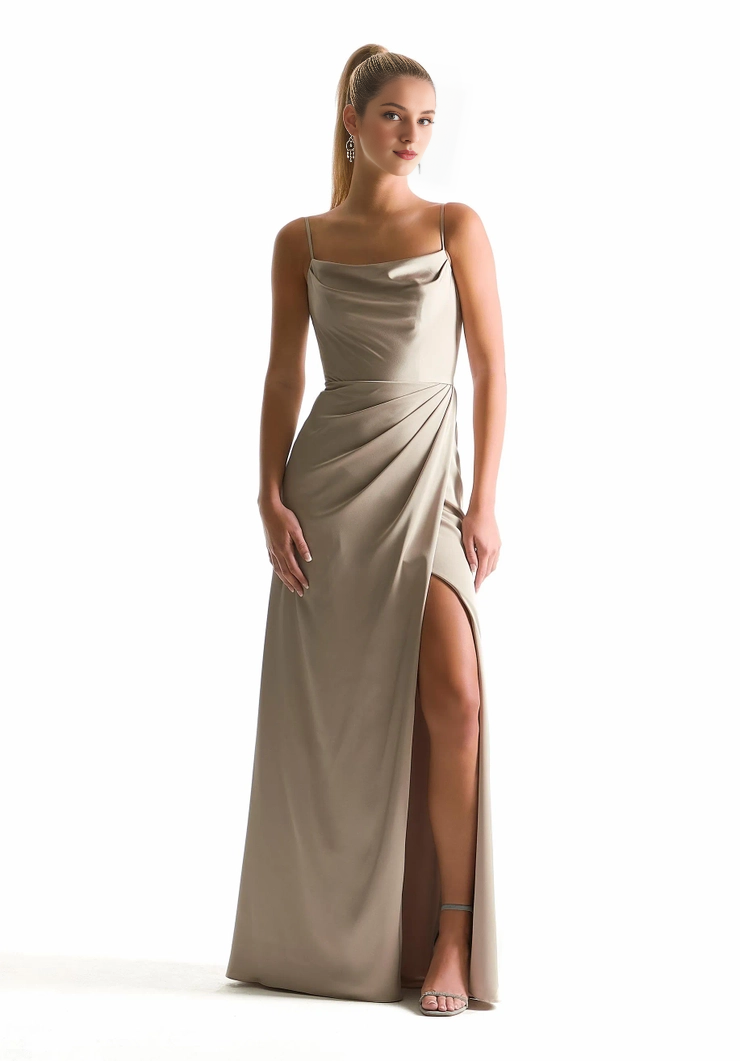 Abito da damigella d'onore con colletto a sciarpa, corsetto stretto, gonna con spacco frontale, imitazione abito avvolgente