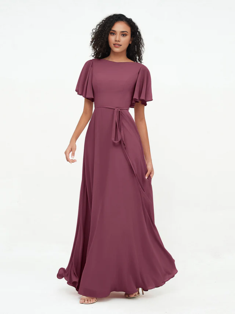 Olive Green A-Line Floor-Length Bridesmaid Dress with Flutter Sleeves & Boat Neckline | Jimiss