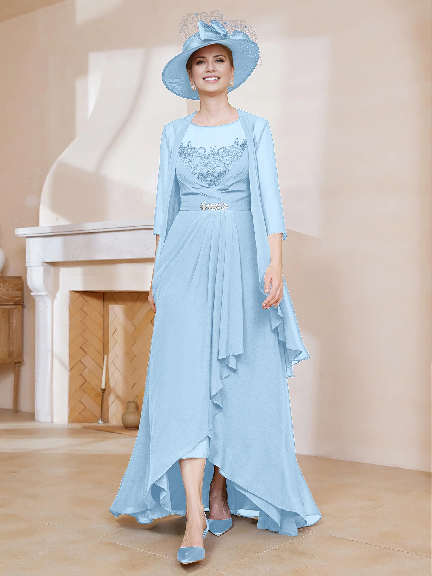 Illusion Neck Dark Navy Chiffon A-Line High-Low Dress with Draped Skirt