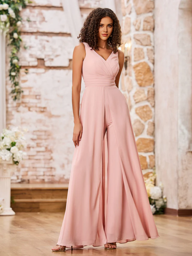 Blushing Pink Chiffon V-Neck Floor-Length Jumpsuits with Overlay Skirt