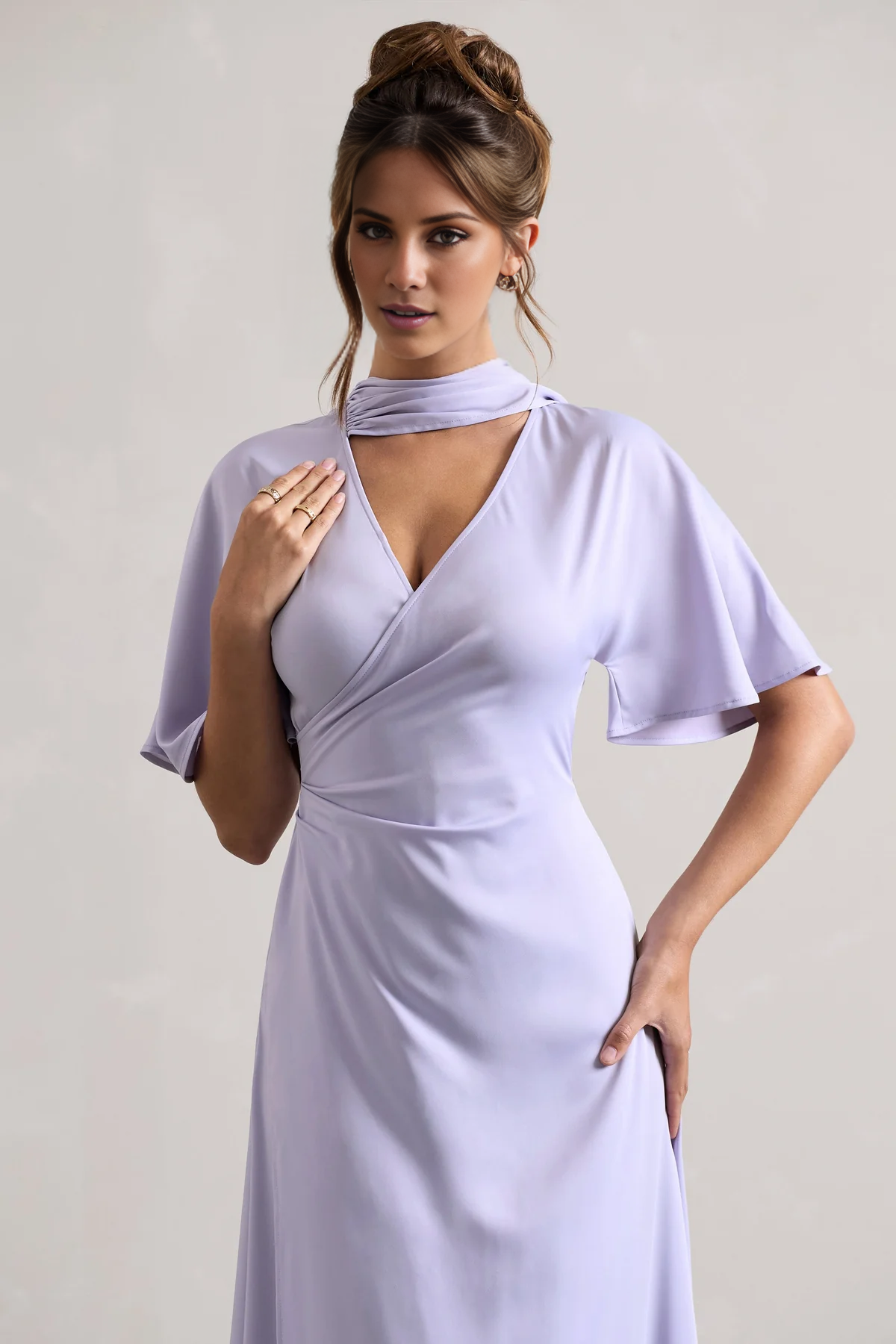 Vestido de noche largo con escote en V y mangas asimétricas de hoja de loto - Vestido jimiss 
