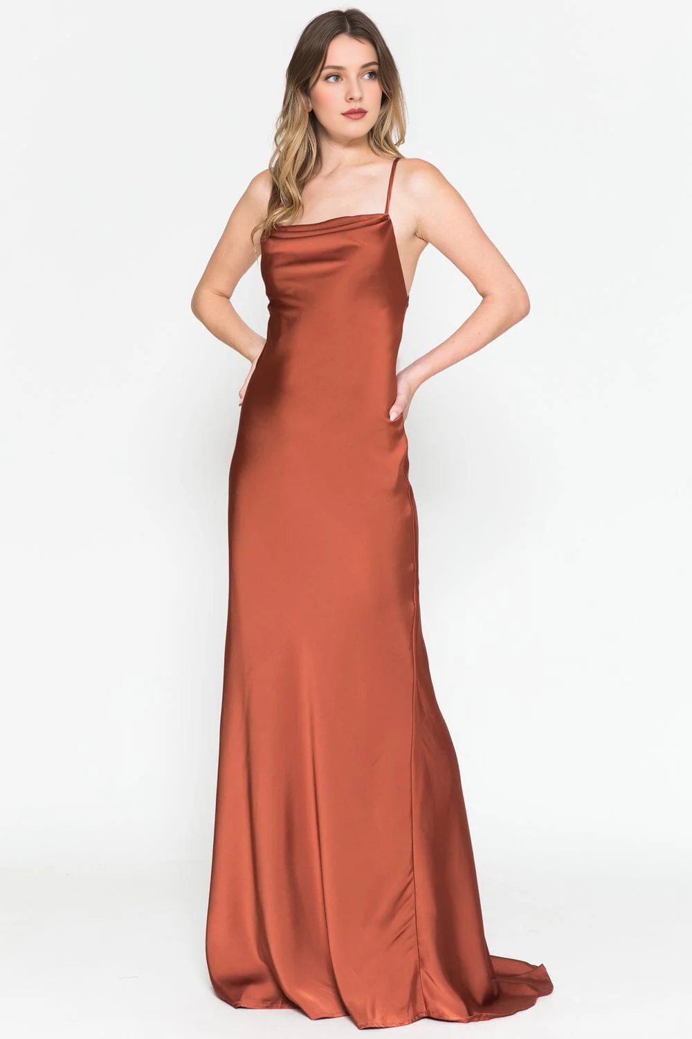 Long sleeveless high neck satin dress