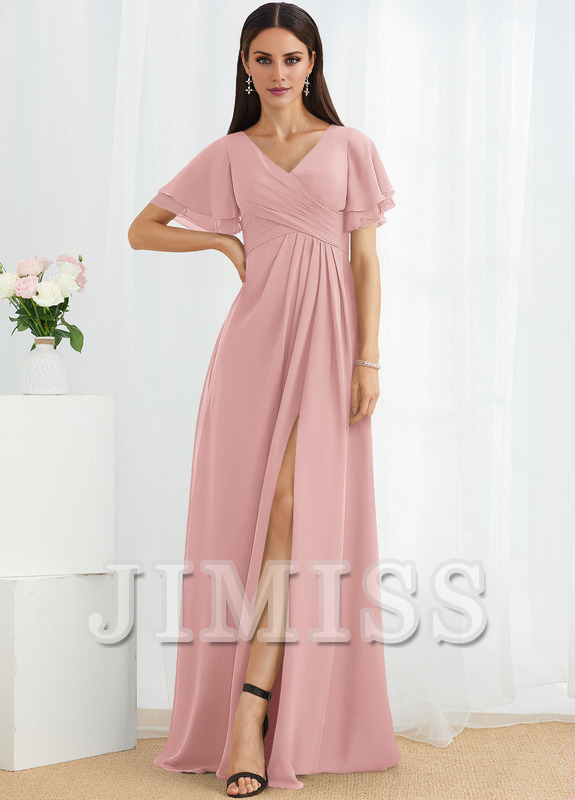 Abito da damigella d'onore in chiffon lungo fino al pavimento, con scollo a V e linea ad A