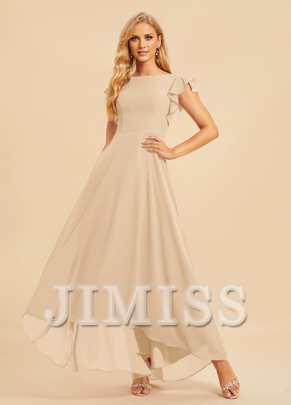 Vestido de dama de honor asimétrico de gasa con escote en A y volantes