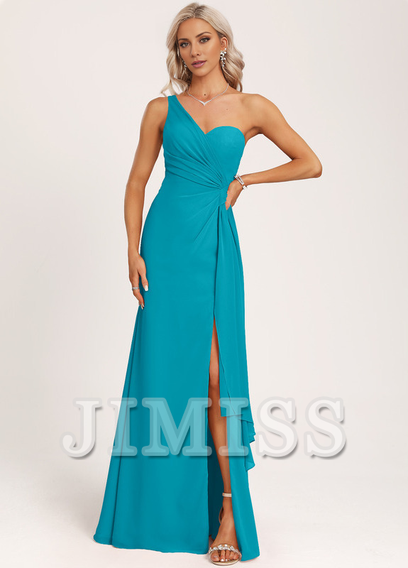 Vestido de dama de honor de gasa con volantes, corte A, un hombro al aire y largo hasta el suelo