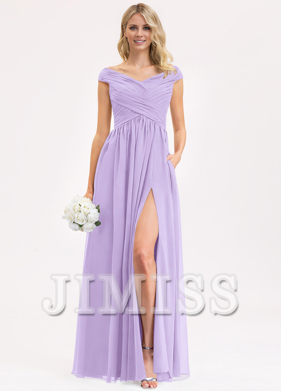 Vestido de dama de honor de gasa con volantes, corte A y largo hasta el suelo