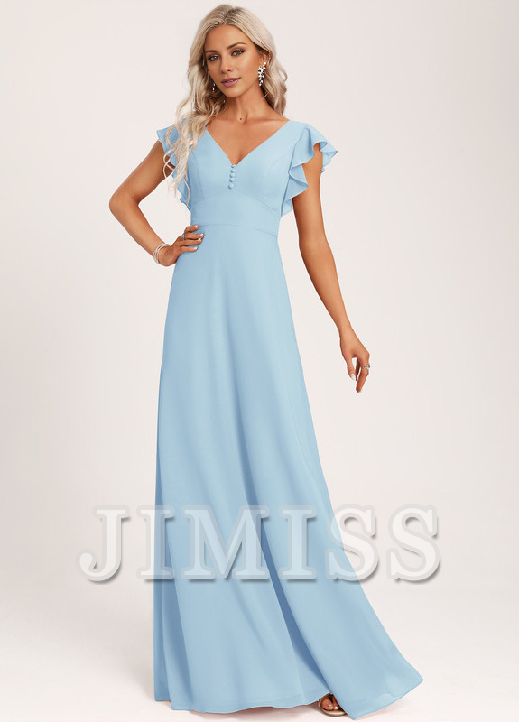 Vestido de dama de honor de gasa con volantes, escote en V y largo hasta el suelo