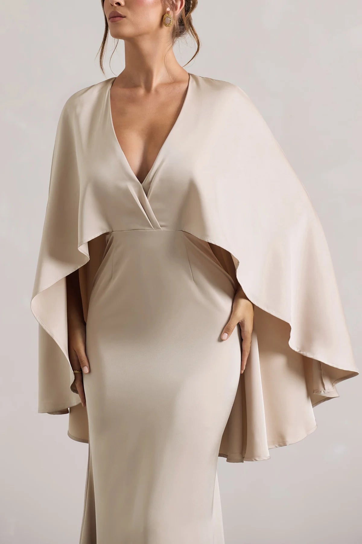 Champagne Satin Sheath/column Floor-Length Bridesmaid Dress with Cape Sleeves and Wrap V-neck