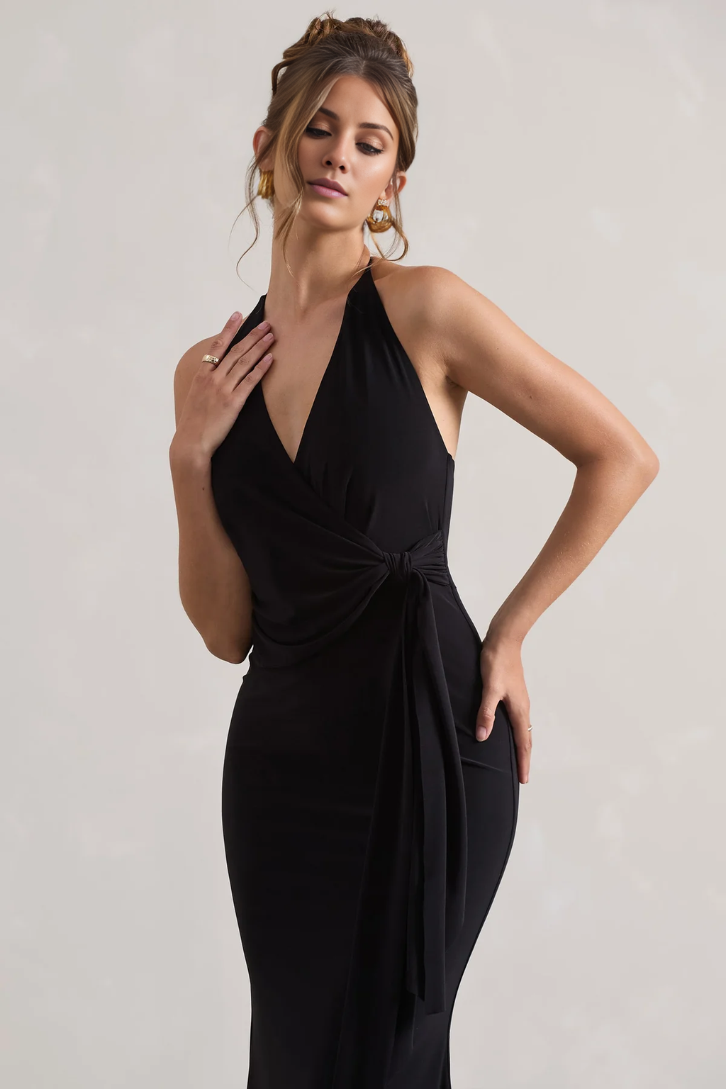 Black Crepe Halter V-Neck Sheath Floor-Length Dress with Side Tie Waist