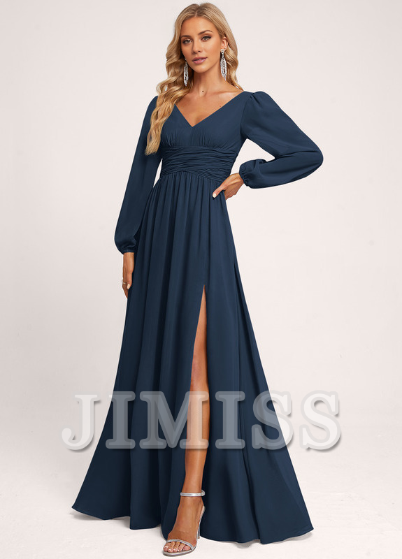 Vestido de dama de honor de gasa con volantes, escote en V y largo hasta el suelo