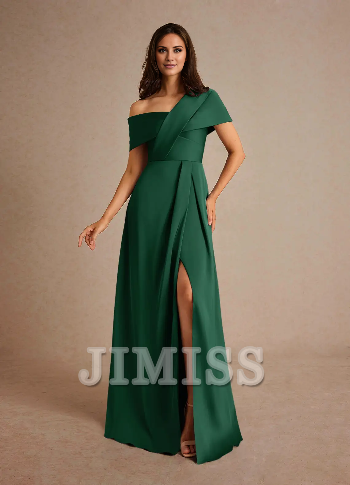 Dark Navy Crepe A-Line Off-the-Shoulder Floor-Length Bridesmaid Dress