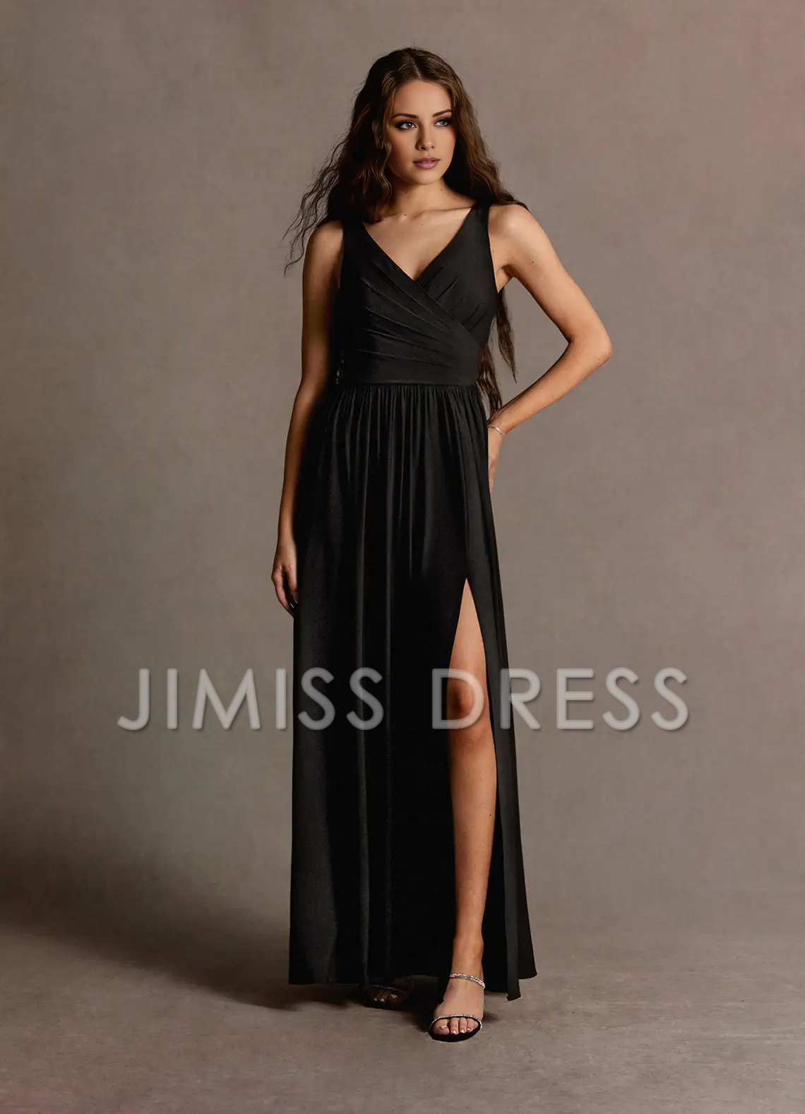 Vestido de fiesta Jimiss con escote en V, tirantes finos, abertura lateral y largo hasta el suelo 