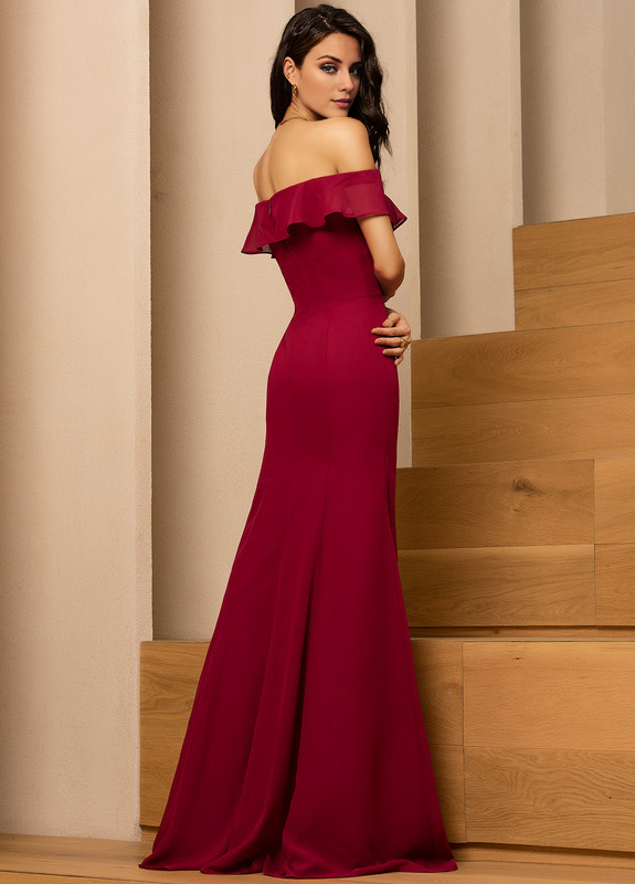 Vestido de dama de honor de gasa hasta el suelo, ajustado, con volantes escalonados y sin tirantes con columnas