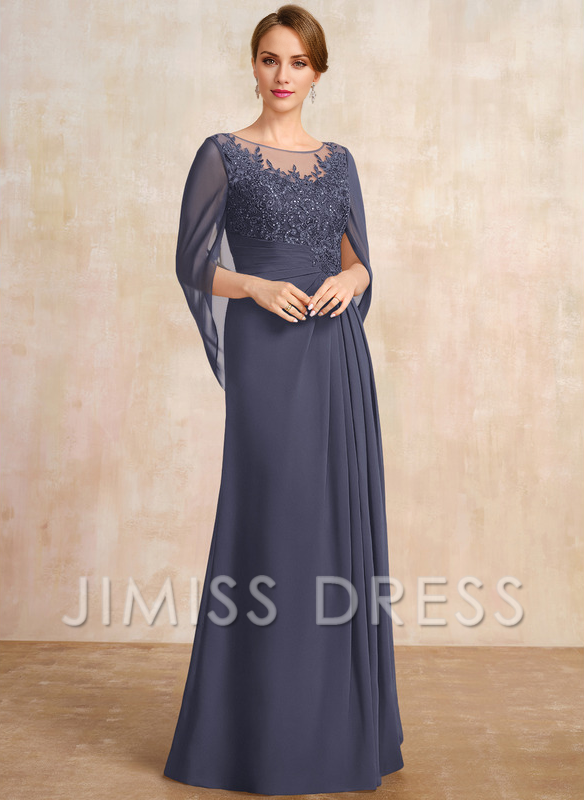 Dark Navy Chiffon A-Line Floor-Length Dress with Illusion Neck & Cape Sleeves
