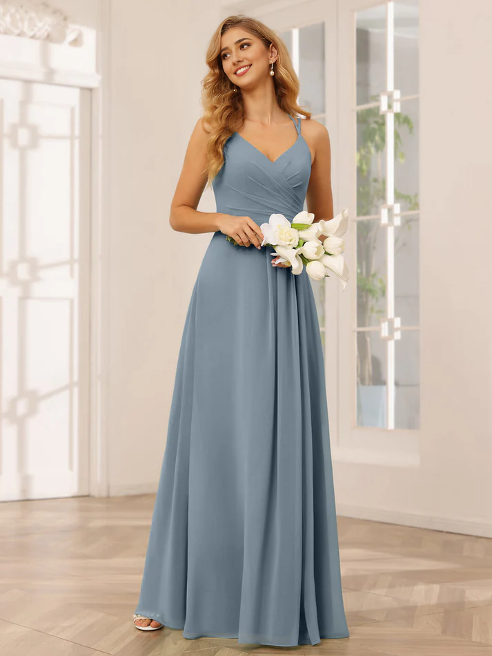 Chiffon Spaghetti-Strap Sweetheart Neckline Ruched Bodice A-Line Floor-Length Romantic Bridesmaid Dress