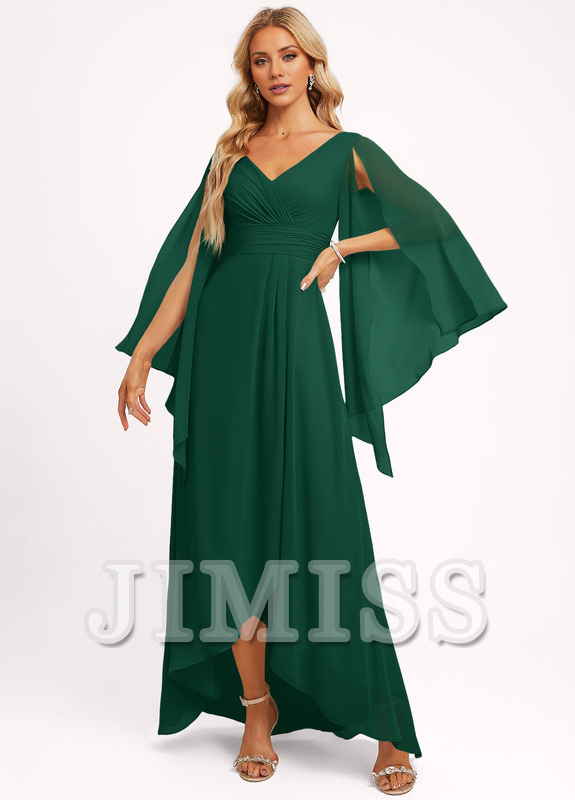 Vestido de dama de honor asimétrico de gasa con escote en V y volantes en forma de A