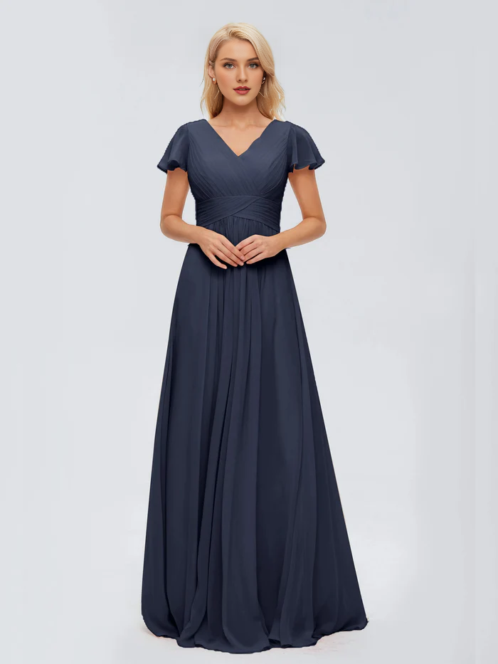 Burgundy Chiffon A-Line Floor-Length Bridesmaid Dress with Ruched V-Neck & Flutter Sleeves