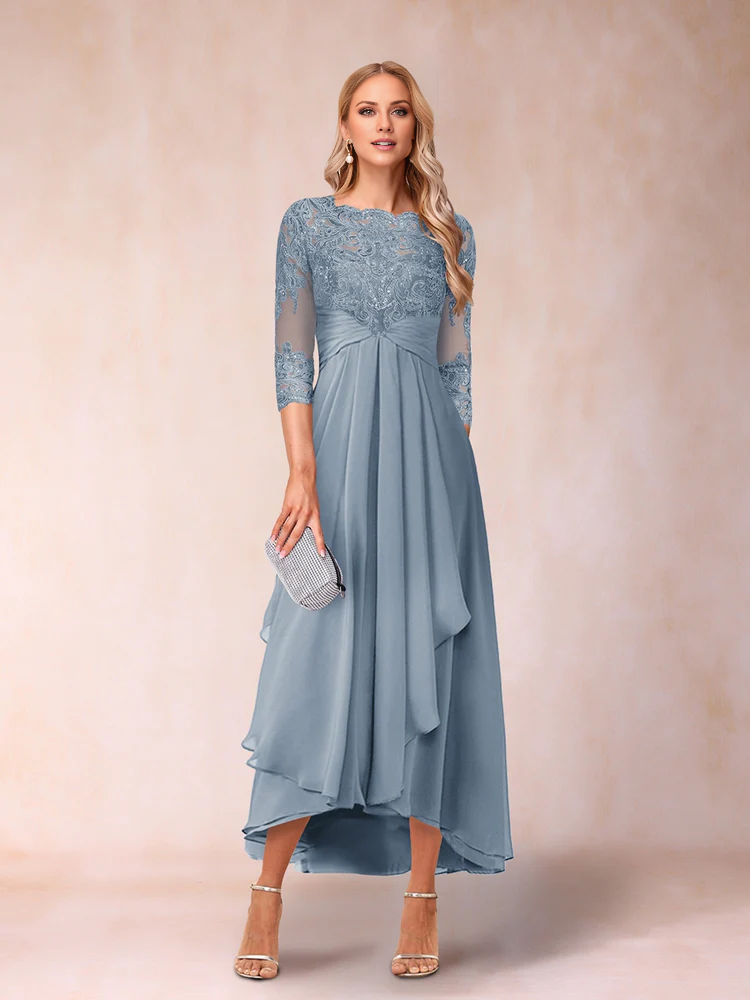 Slate Blue A-Line High-Low Evening Dress with Lace Bodice & Boat Neck