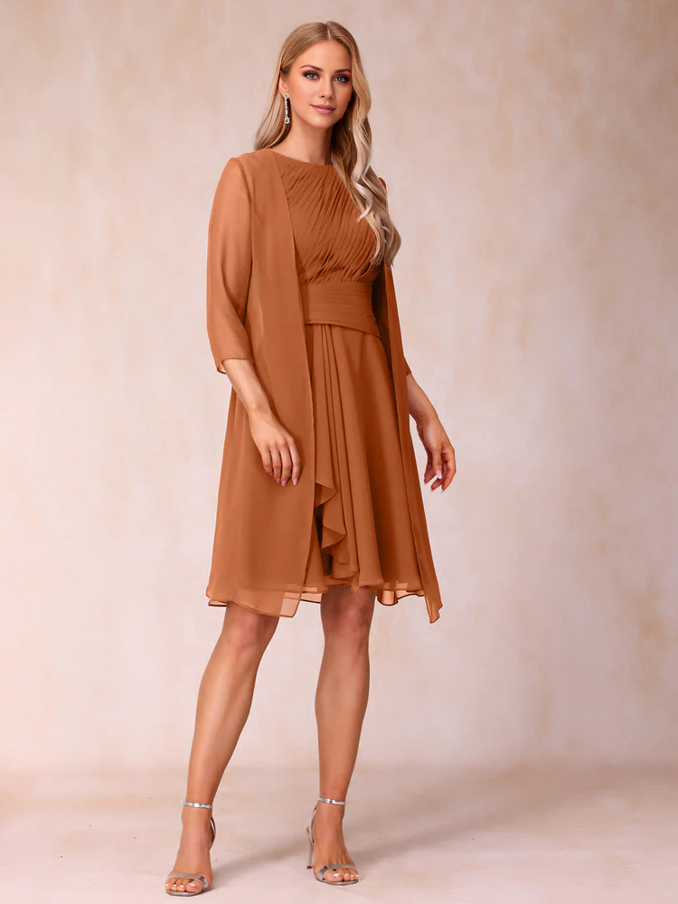 Burgundy Chiffon A-Line Knee-Length Evening Dress with Boat Neck & Matching Jacket
