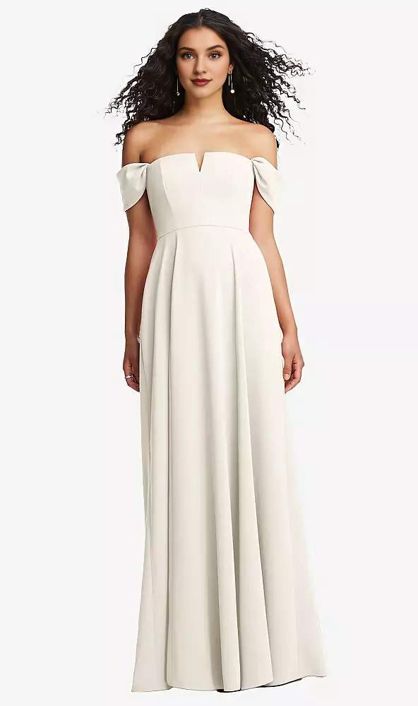 Off shoulder pleated sleeves with A-line extra long Prom dress