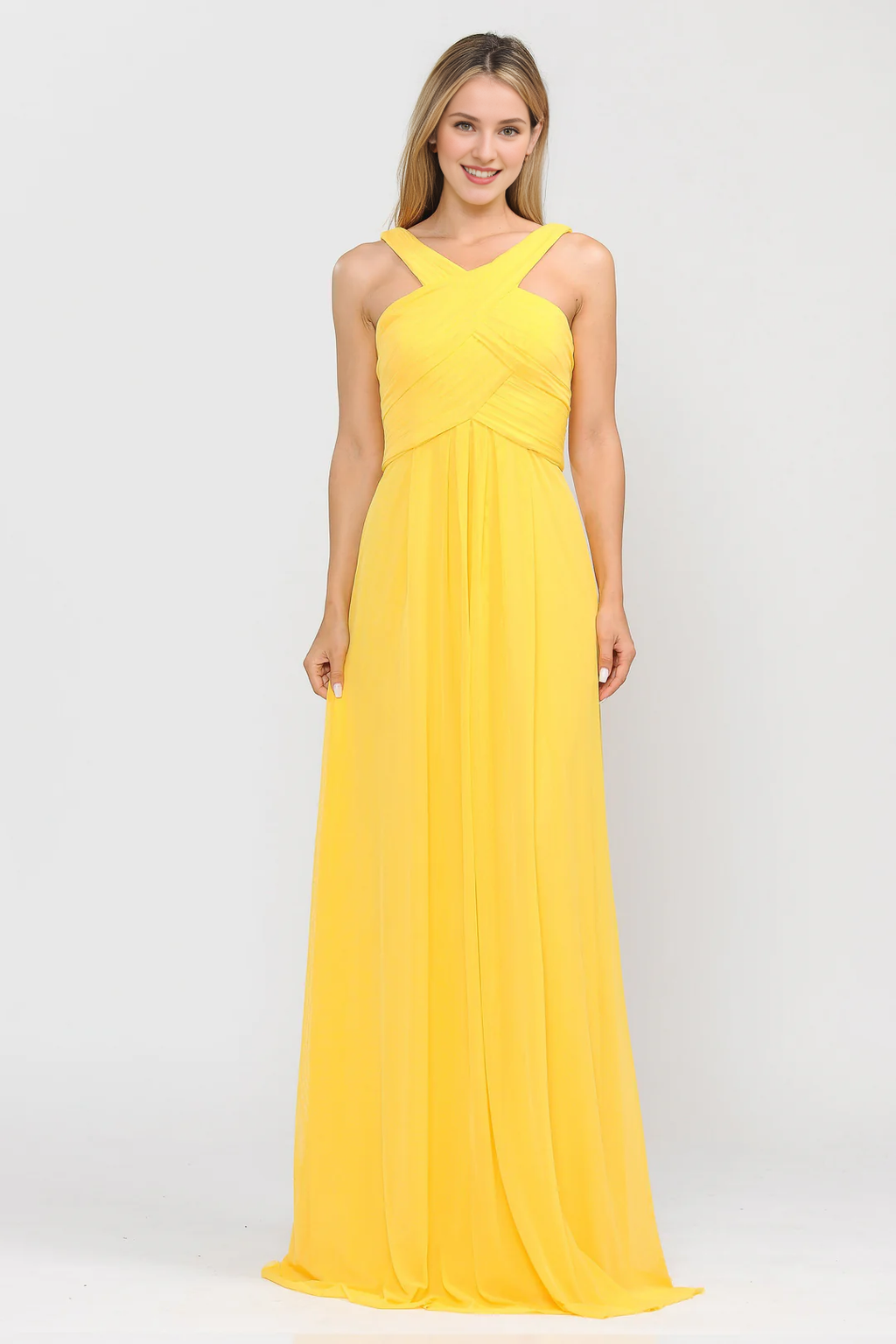 Yellow Chiffon A-Line Floor-Length Bridesmaid Dress with Halter neckline & Criss-Cross Straps