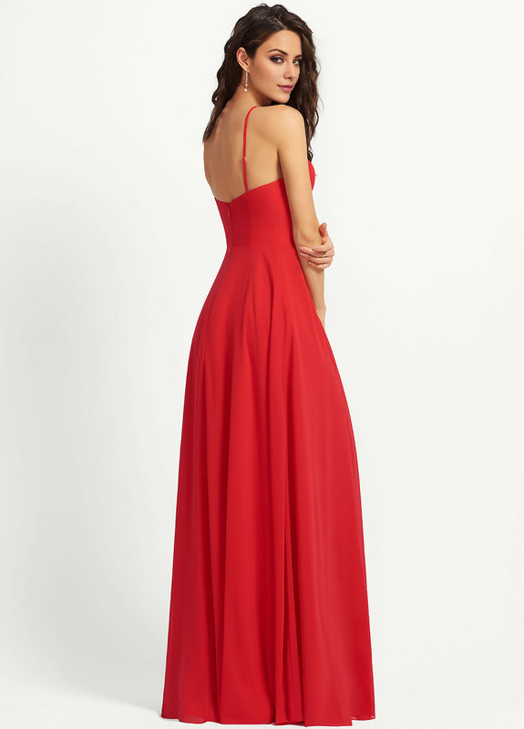Red Chiffon A-Line Floor-Length Halter Open Back