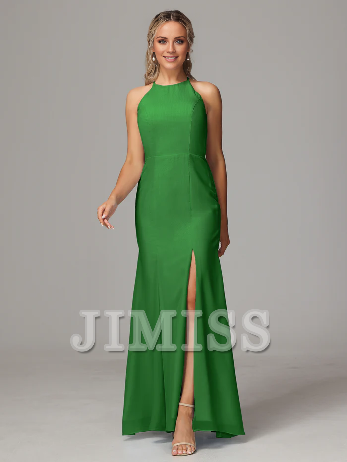 Vestido de dama de honor de gasa con escote colgante, espalda descubierta y abertura lateral