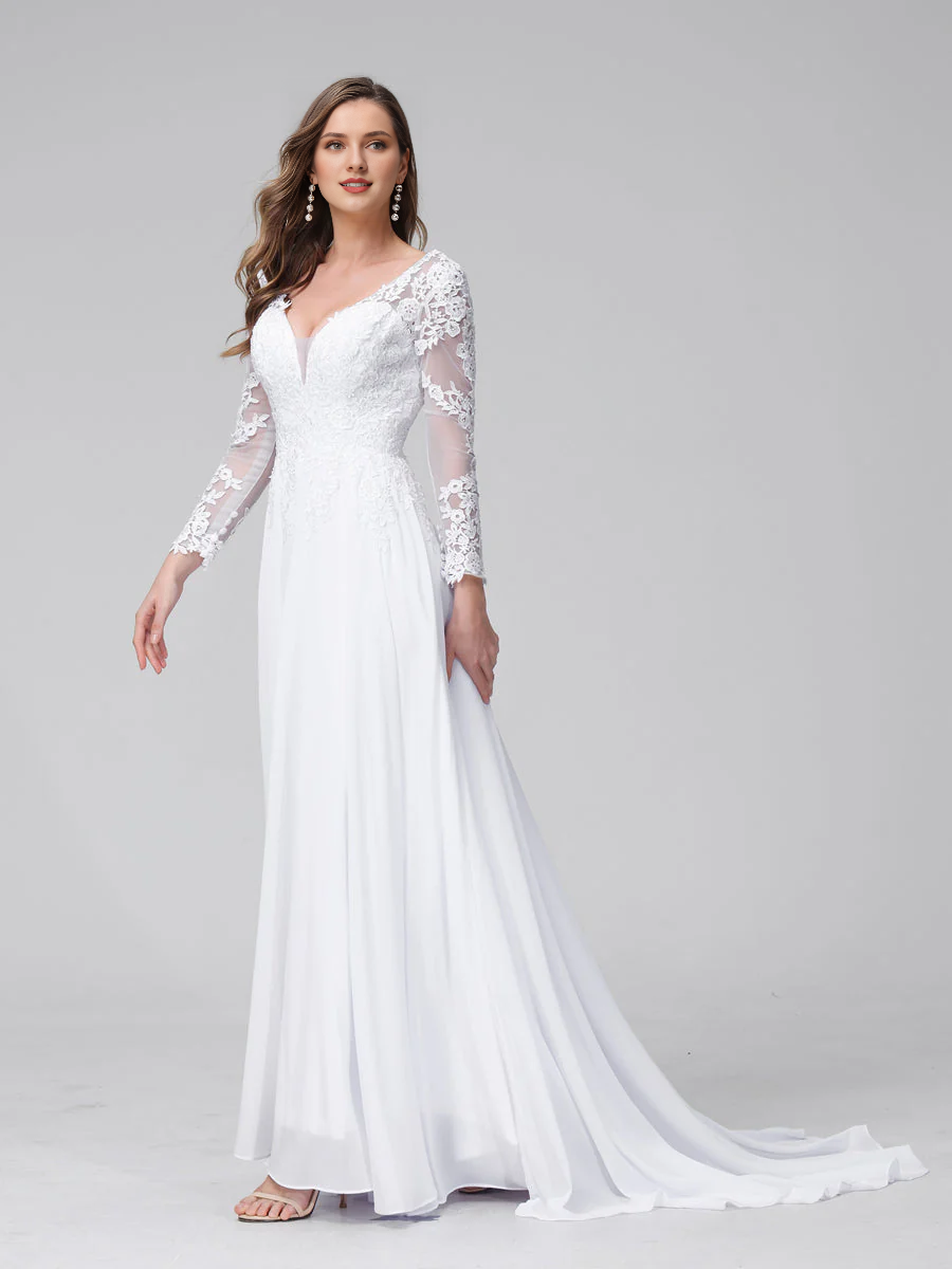 Vestido de novia largo de gasa con apliques de encaje, manga larga y escote en V en forma de A