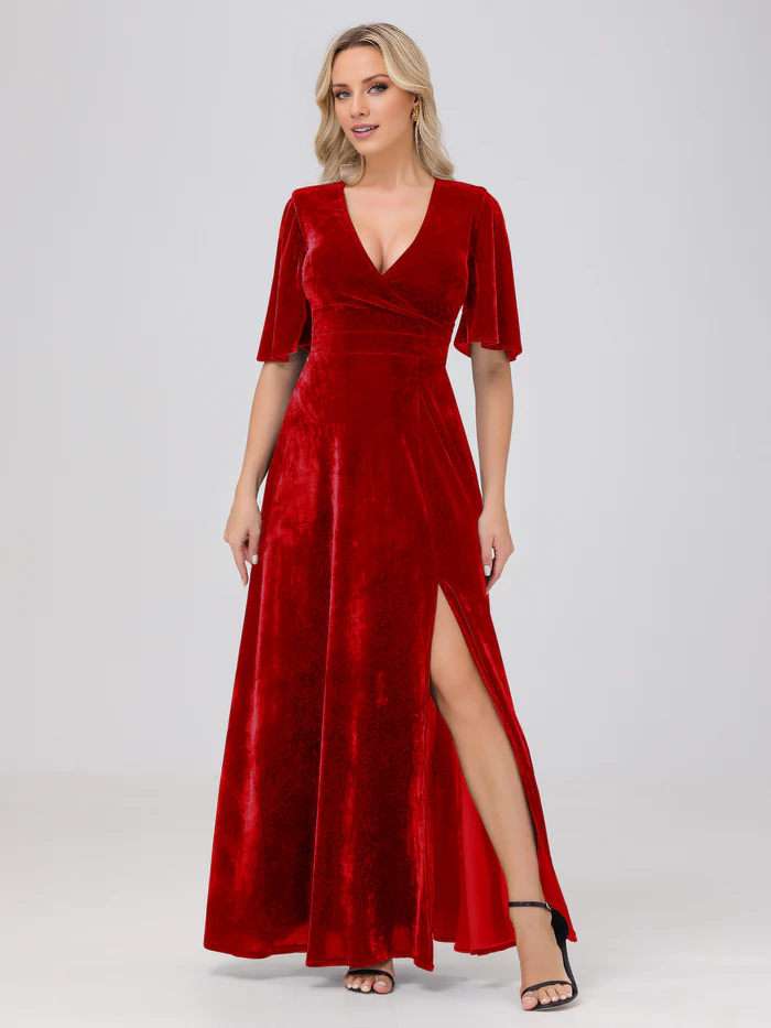Abito da damigella d'onore in velluto con scollo a V, maniche corte e spacco, lunghezza al pavimento