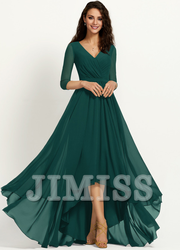 Dark Navy Chiffon A-Line V-Neck Asymmetrical Length Dress with Draped Bodice, High-Low Hem, and Back Zip for Bridesmaid.