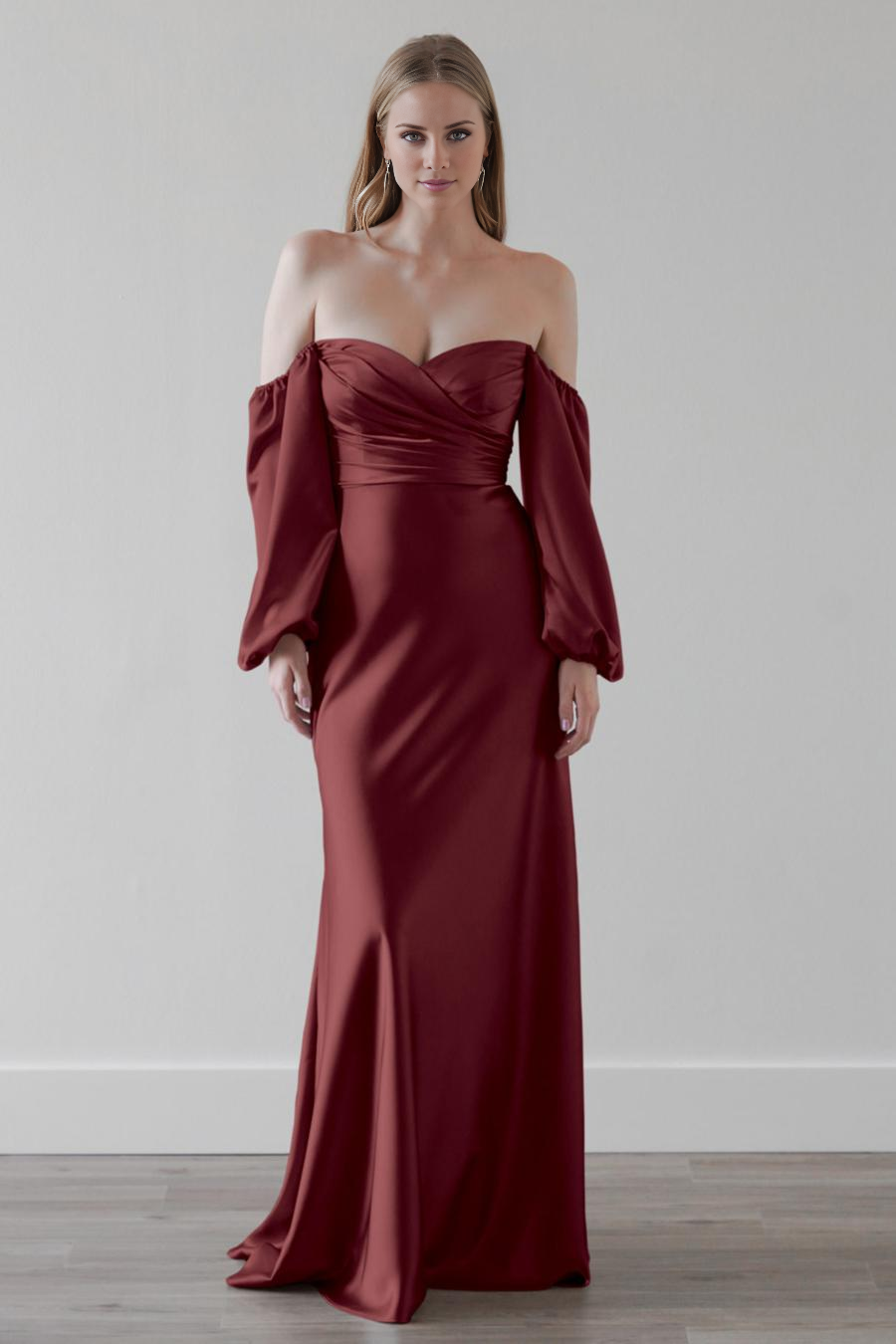 Vestido de noche Jimiss con hombros descubiertos, sin tirantes, de manga larga, sin espalda y largo hasta el suelo