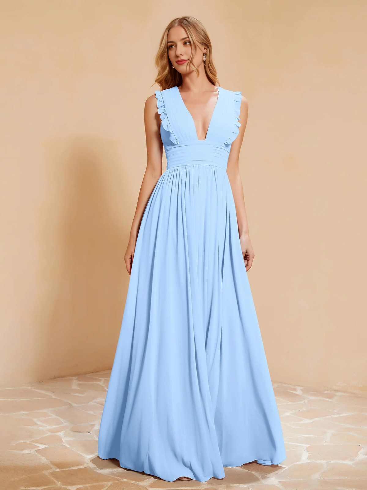 Dusty Rose Chiffon A-Line Floor-Length Dress with V-Neck and Ruched Bodice + Ruffled Straps