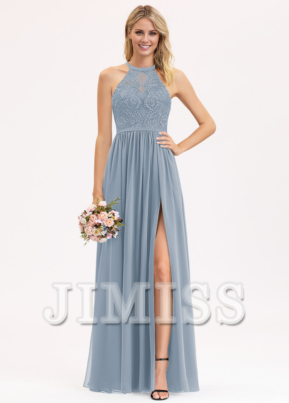 Abito da damigella d'onore in chiffon e pizzo, a trapezio, con scollo a barchetta e lunghezza al pavimento