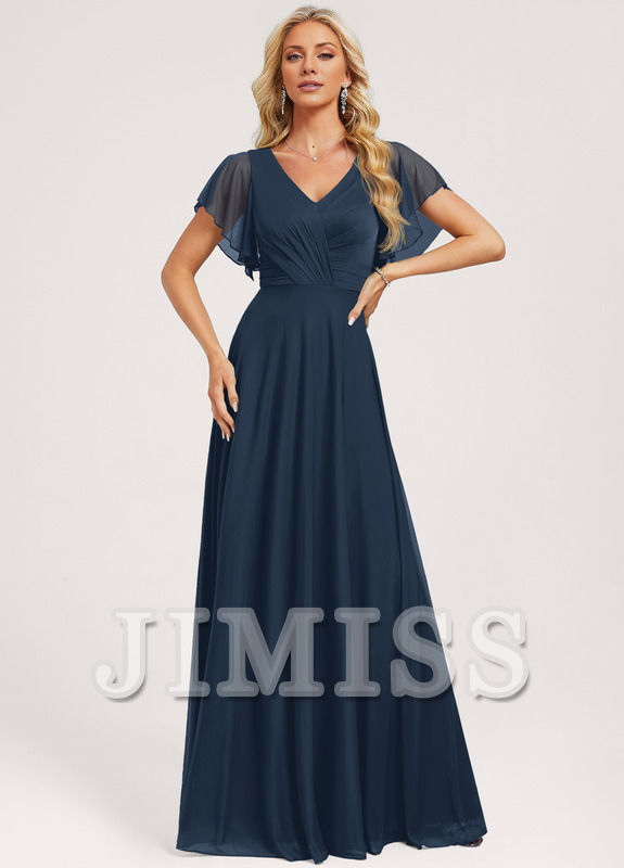 Vestido de dama de honor de malla con volantes, escote en V y corte A hasta el suelo