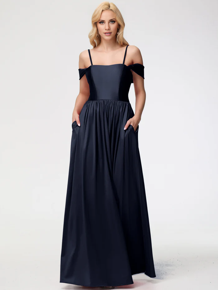 Vestido de fiesta Jimiss de satén con hombros descubiertos y largo hasta el suelo