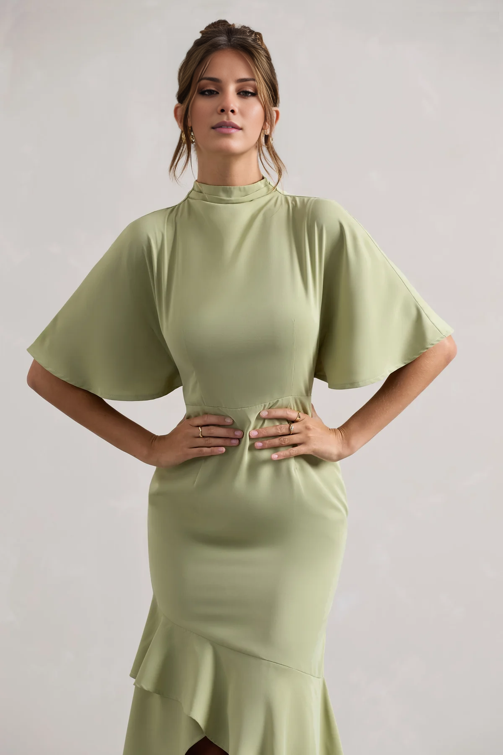 Sage Green Crepe Sheath/column High Neck High-Low Dress with Flutter Sleeves