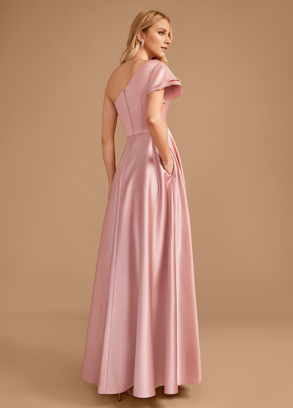 Abito da damigella d'onore in raso, monospalla, lungo fino a terra, a trapezio