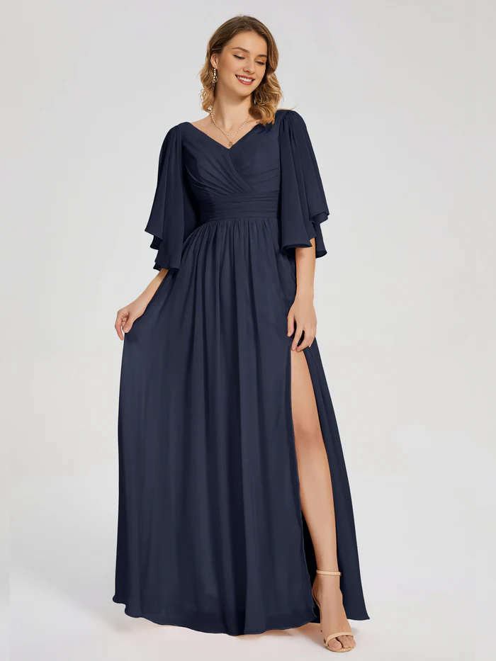 Burgundy Chiffon A-Line Floor-Length Dress with V-Neck, Draped Bodice, Flutter Sleeves, and High Slit