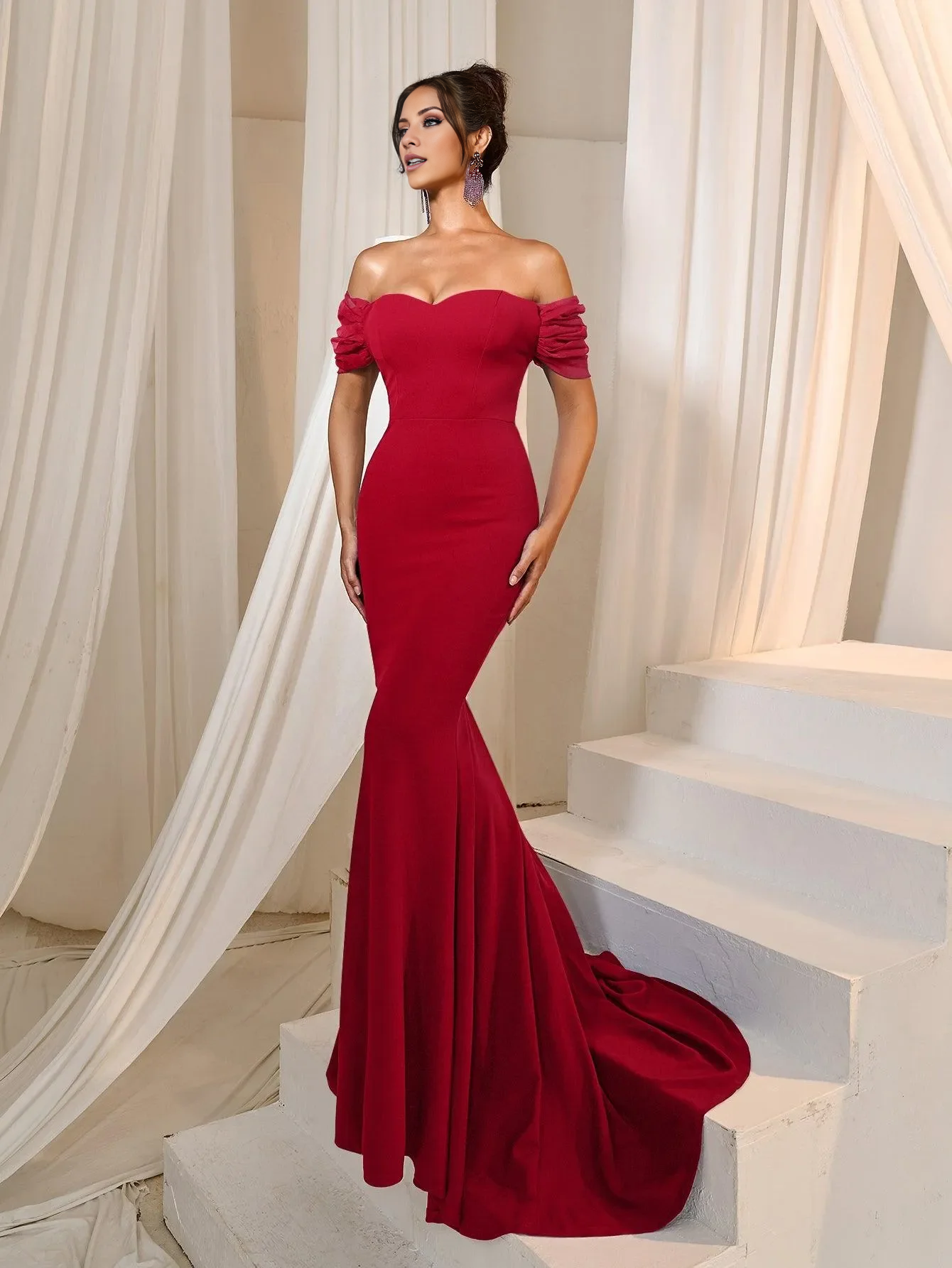 Mermaid off shoulder collar backless and floor length formal dress