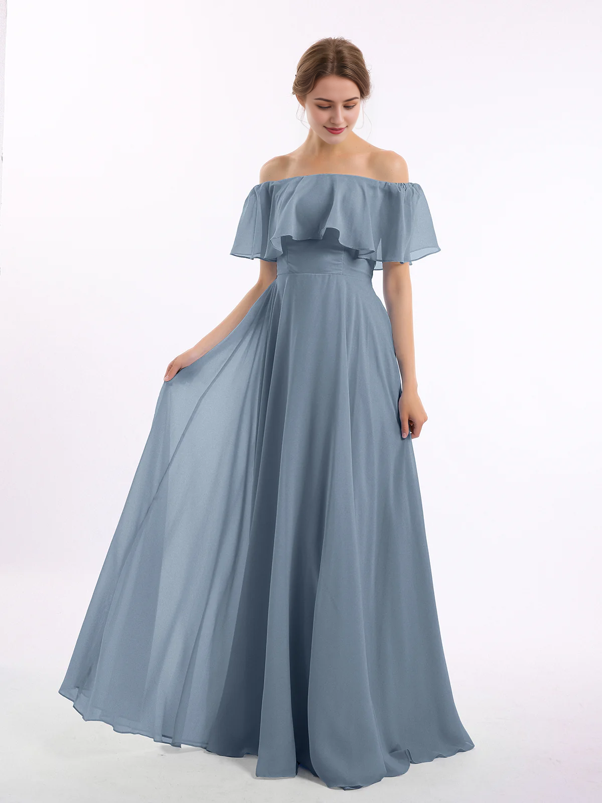 Sage Green Chiffon A-Line Off-the-Shoulder Floor-Length Bridesmaid Dress