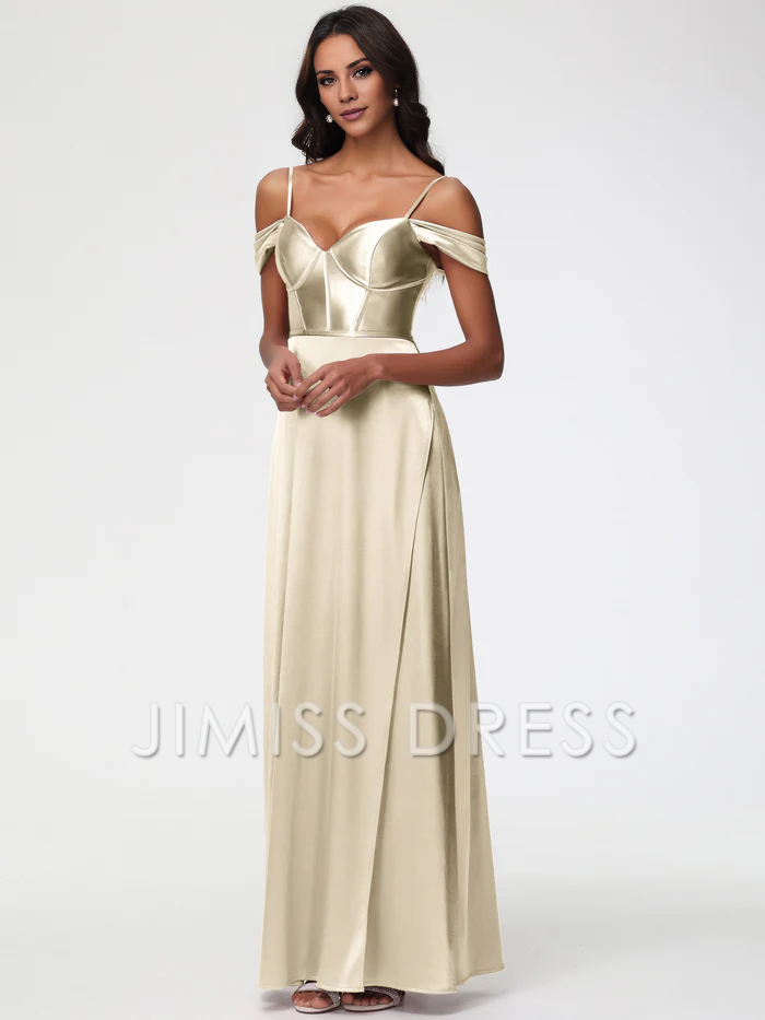 Vestido de fiesta largo de satén con tirantes finos y escote en forma de corazón y hombros descubiertos de Jimiss