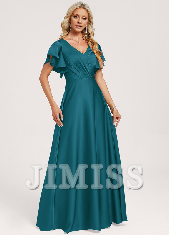 Vestido de dama de honor de satén con volantes, escote en V y largo hasta el suelo