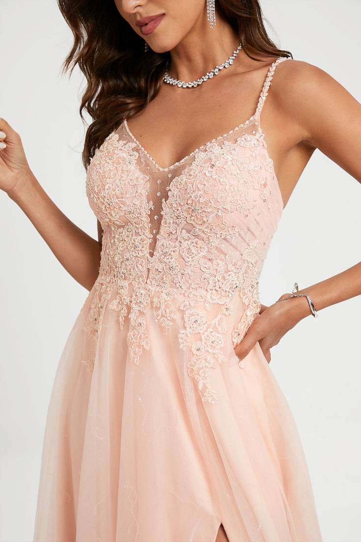Blushing Pink Lace & Tulle A-Line Floor-Length Gown with V-Neck and High Slit