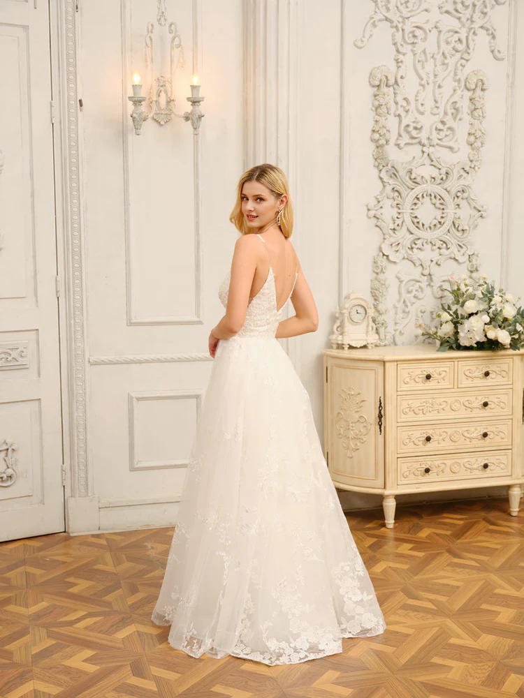 Abito da sposa lungo senza maniche con scollo a V, spalline sottili, stile principessa, a trapezio
