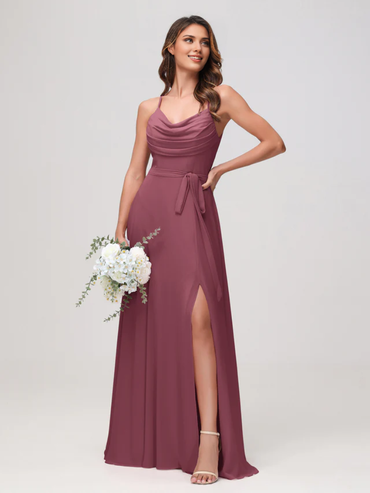 Olive Green Chiffon A-Line Floor-Length Dress with Cowl Neck and High Slit
